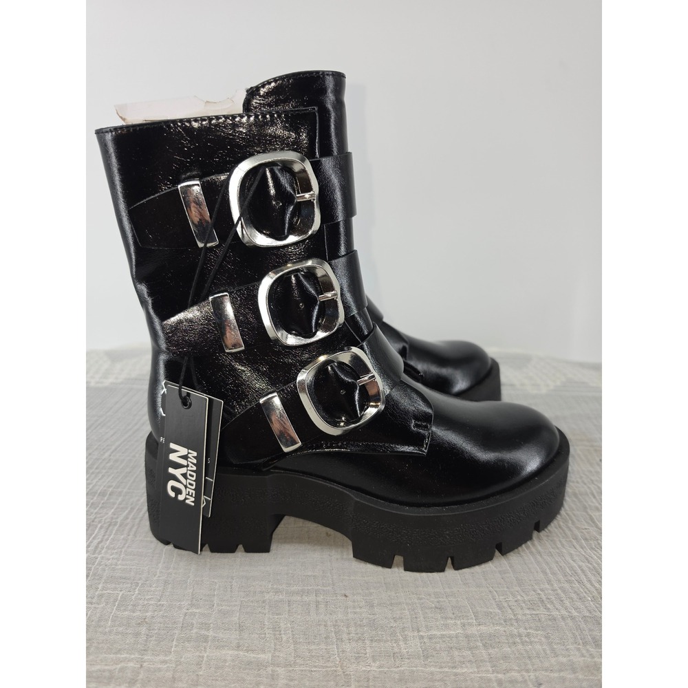 Madden NYC Womens Black Patent Triple Buckle Platform Lug Sole Combat Boots 6